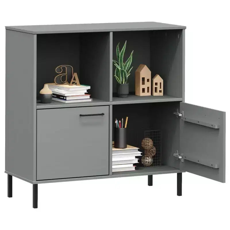 Étagère en pin massif brun / gris / blanc avec pieds en métal, 2 tablettes