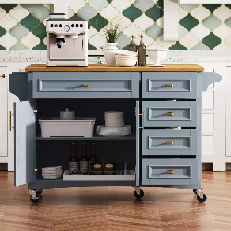 Îlot de cuisine roulant bleu-gris/blanc avec abattant – 1 personne