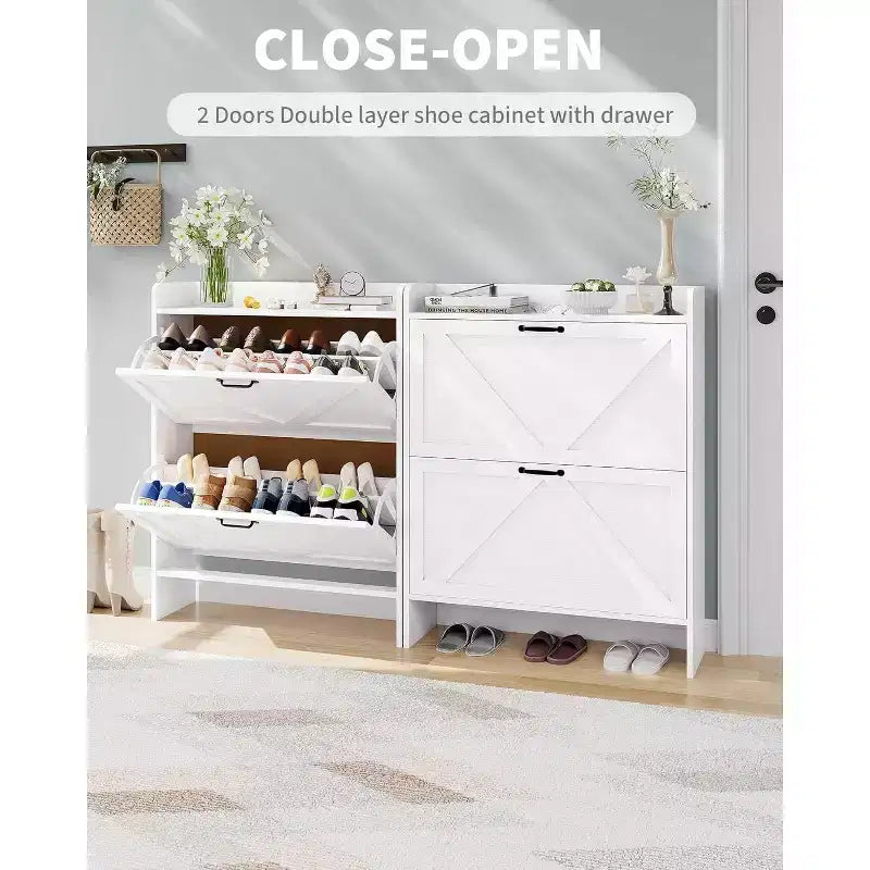 Meuble à Chaussures Étroit sur Pied, 2 Tiroirs Basculants, Jusqu'à 20 Paires | Noir / Marron / Naturel / Blanc