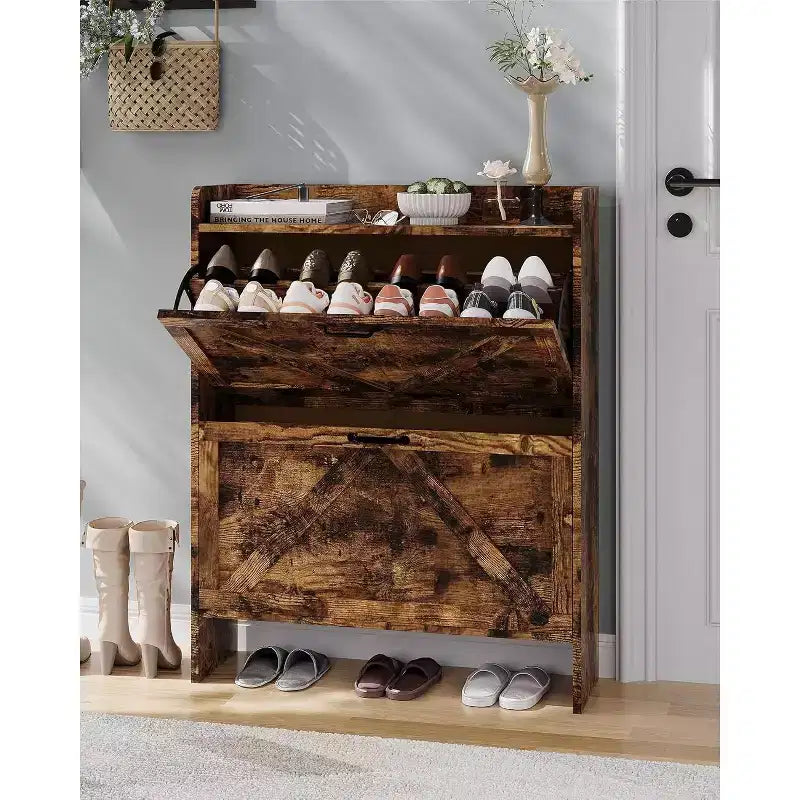 Meuble à Chaussures Étroit sur Pied, 2 Tiroirs Basculants, Jusqu'à 20 Paires | Noir / Marron / Naturel / Blanc