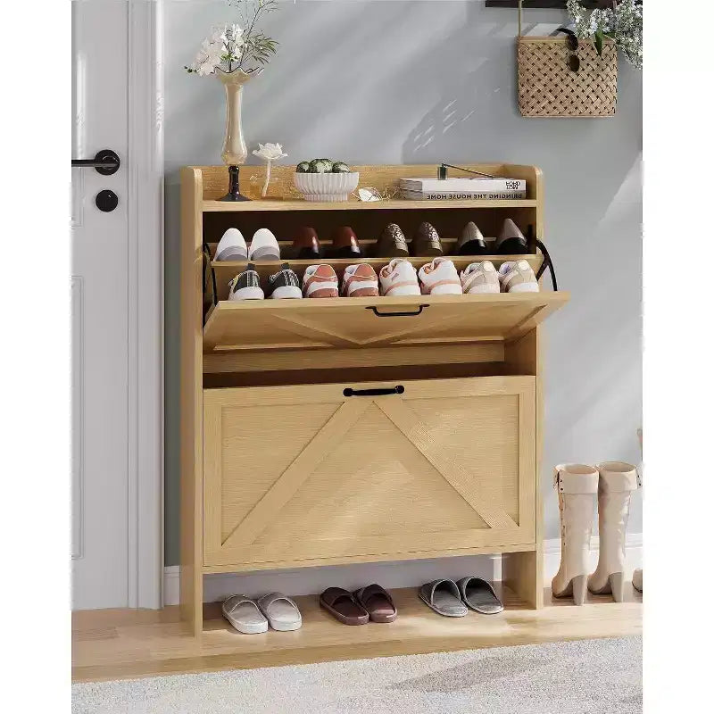 Meuble à Chaussures Étroit sur Pied, 2 Tiroirs Basculants, Jusqu'à 20 Paires | Noir / Marron / Naturel / Blanc