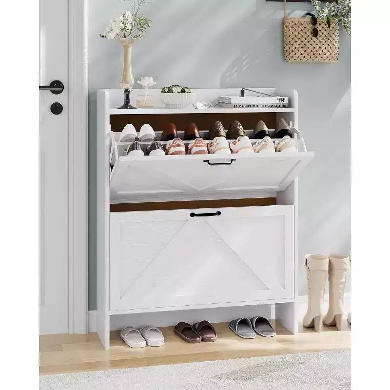 Meuble à Chaussures Étroit sur Pied, 2 Tiroirs Basculants, Jusqu'à 20 Paires | Noir / Marron / Naturel / Blanc