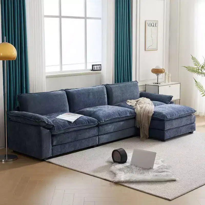 Canapé d'angle beige avec pouf, dossier coussins, 3 places