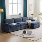 Canapé d'angle beige avec pouf, dossier coussins, 3 places