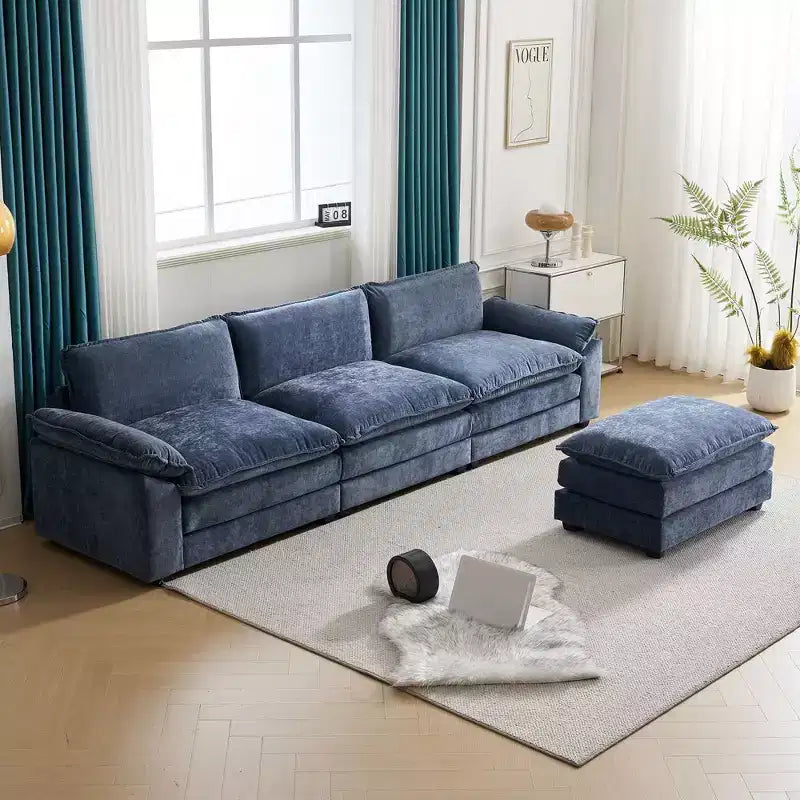 Canapé d'angle beige avec pouf, dossier coussins, 3 places