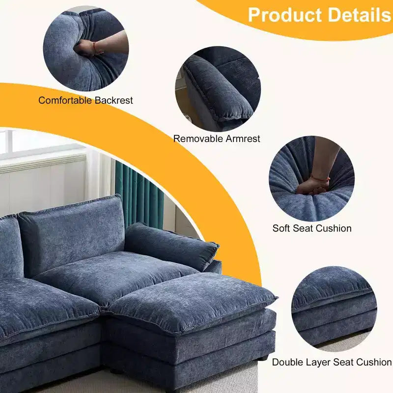 Canapé d'angle beige avec pouf, dossier coussins, 3 places