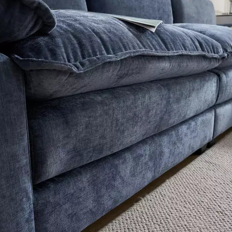 Canapé d'angle beige avec pouf, dossier coussins, 3 places