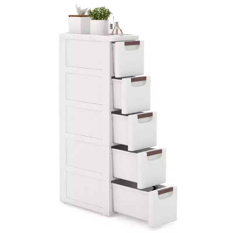 Meuble de rangement roulant étroit blanc à 5 tiroirs avec roulettes – Lot de 2