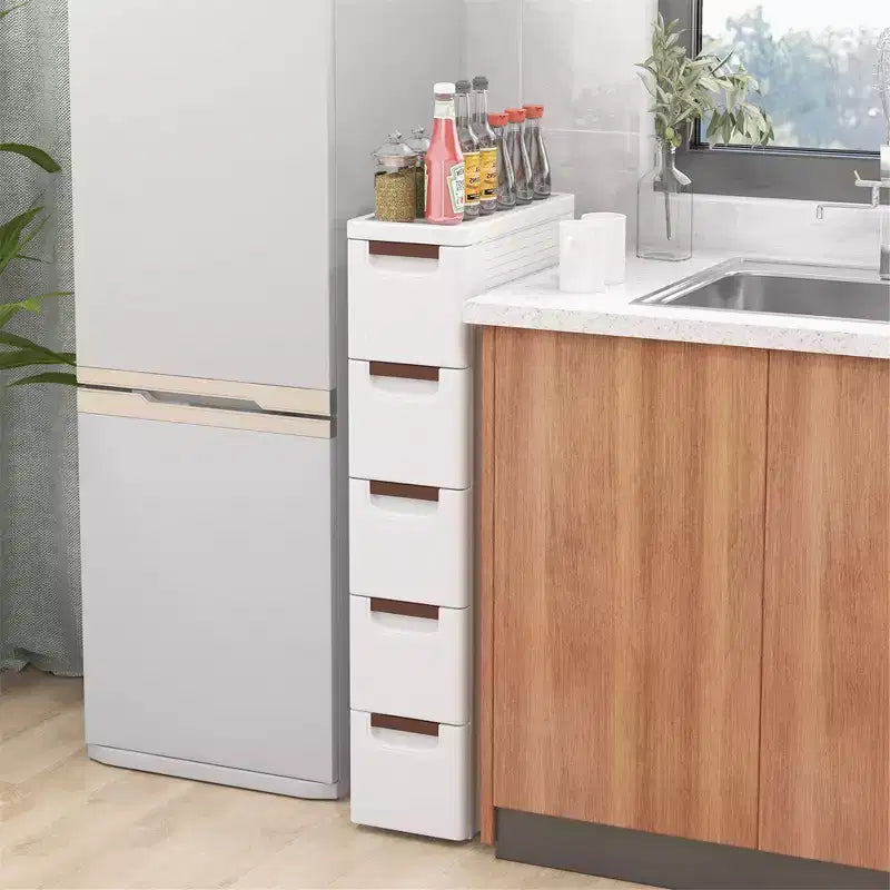 Meuble de rangement roulant étroit blanc à 5 tiroirs avec roulettes – Lot de 2