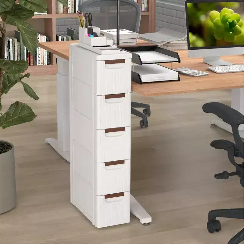Meuble de rangement roulant étroit blanc à 5 tiroirs avec roulettes – Lot de 2