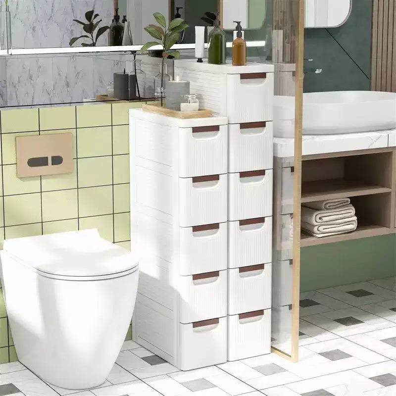 Meuble de rangement roulant étroit blanc à 5 tiroirs avec roulettes – Lot de 2