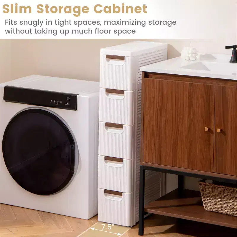 Meuble de rangement roulant étroit blanc à 5 tiroirs avec roulettes – Lot de 2