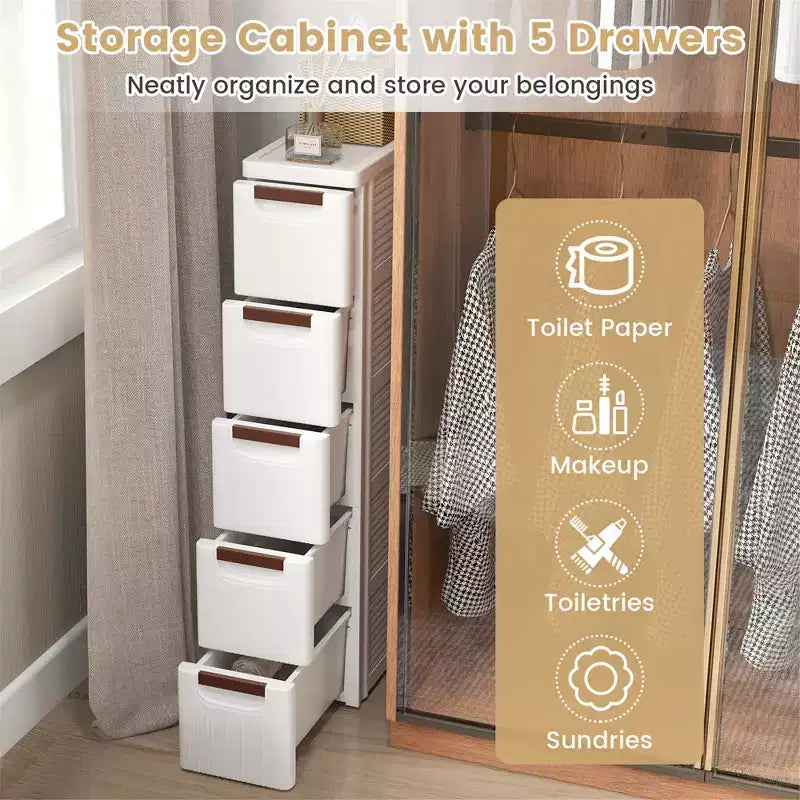 Meuble de rangement roulant étroit blanc à 5 tiroirs avec roulettes – Lot de 2