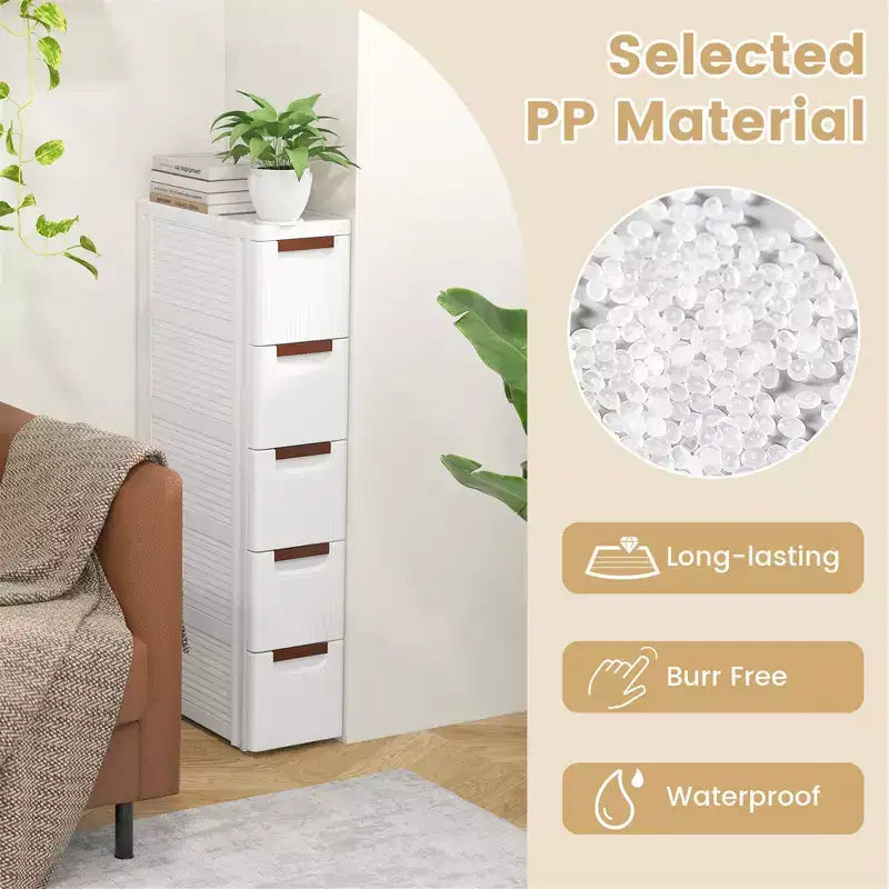 Meuble de rangement roulant étroit blanc à 5 tiroirs avec roulettes – Lot de 2