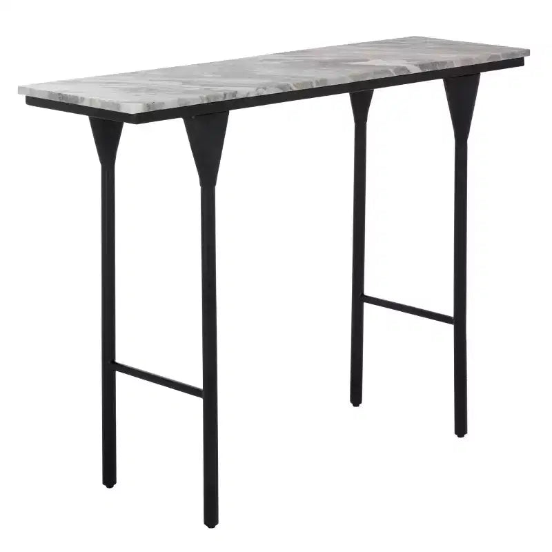 Table console en marbre gris et noir, rectangulaire, piètement en fer