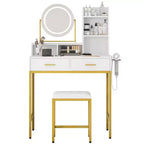 Coiffeuse LED noire/dorée avec miroir, 4 tiroirs et tabouret – 1 personne