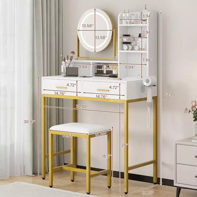 Coiffeuse LED noire/dorée avec miroir, 4 tiroirs et tabouret – 1 personne