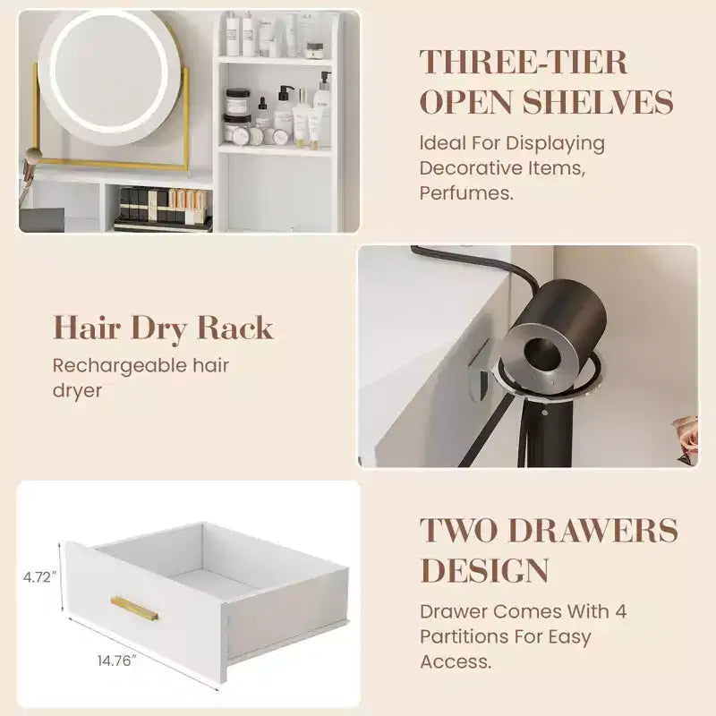 Coiffeuse LED noire/dorée avec miroir, 4 tiroirs et tabouret – 1 personne