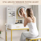 Coiffeuse LED noire/dorée avec miroir, 4 tiroirs et tabouret – 1 personne
