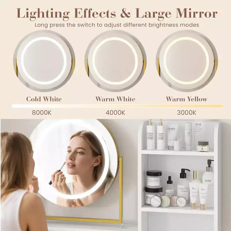 Coiffeuse LED noire/dorée avec miroir, 4 tiroirs et tabouret – 1 personne