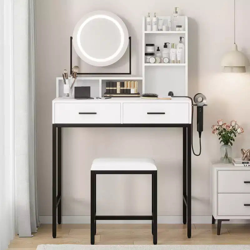 Coiffeuse LED noire/dorée avec miroir, 4 tiroirs et tabouret – 1 personne