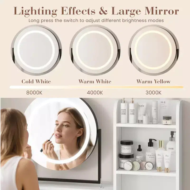 Coiffeuse LED noire/dorée avec miroir, 4 tiroirs et tabouret – 1 personne