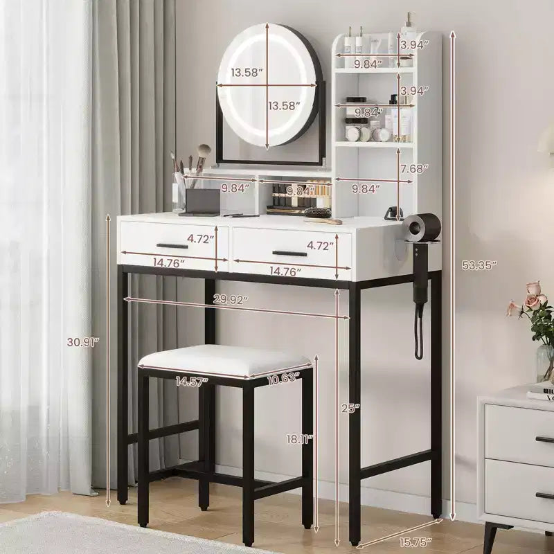 Coiffeuse LED noire/dorée avec miroir, 4 tiroirs et tabouret – 1 personne