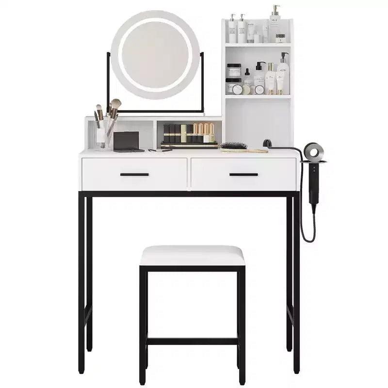 Coiffeuse LED noire/dorée avec miroir, 4 tiroirs et tabouret – 1 personne