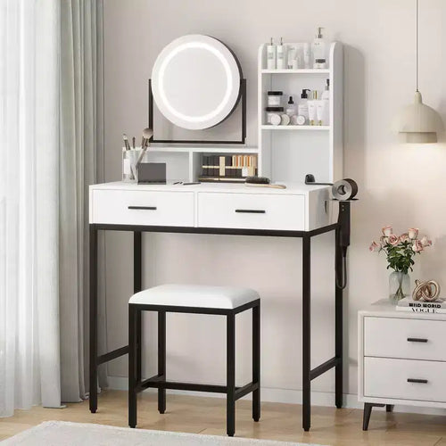 Vanity Desk with Mirror and LED, Power Outlet, 3 Color Adjustable Light, 4 Drawers, Storage Shelves & Stool for Bedroom