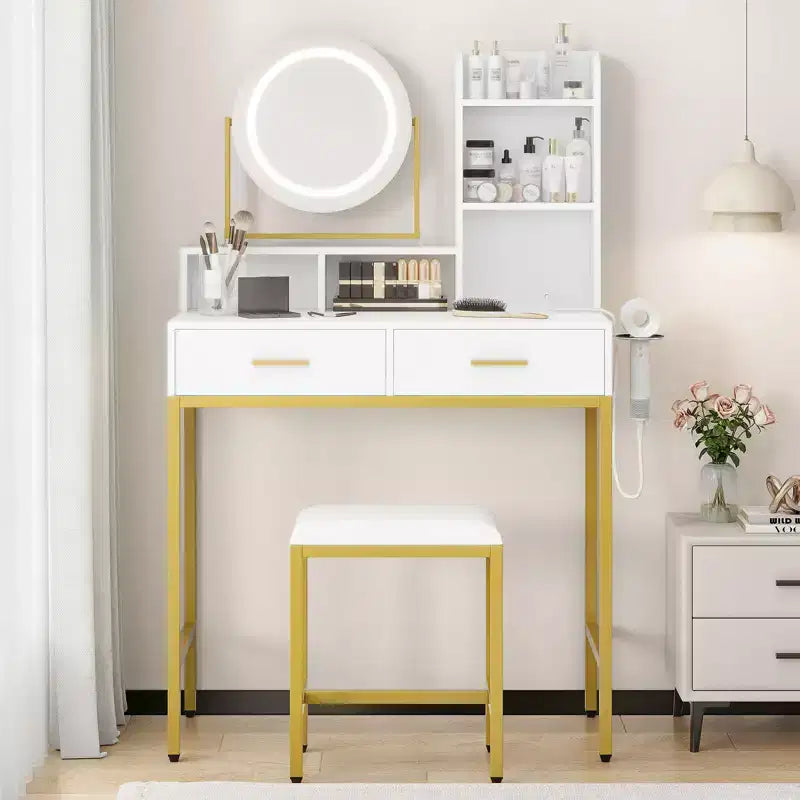 Coiffeuse LED noire/dorée avec miroir, 4 tiroirs et tabouret – 1 personne