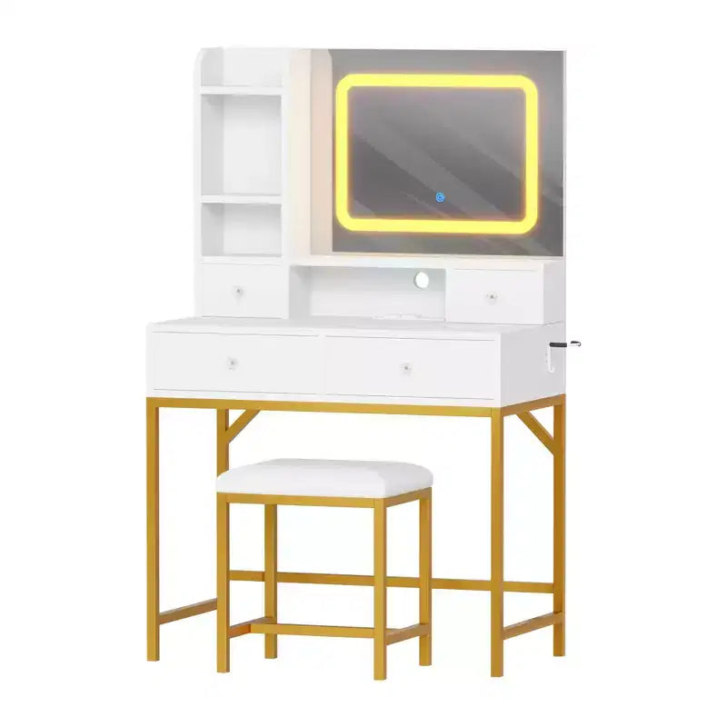 Coiffeuse rectangulaire blanche éclairée avec tabouret, 1 personne