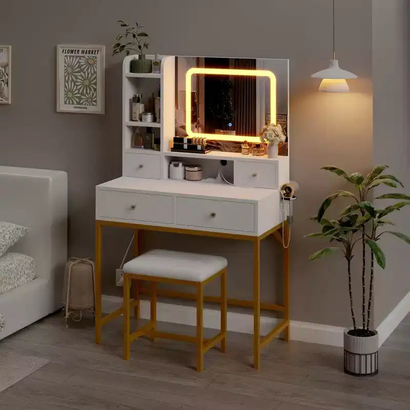 Coiffeuse rectangulaire blanche éclairée avec tabouret, 1 personne