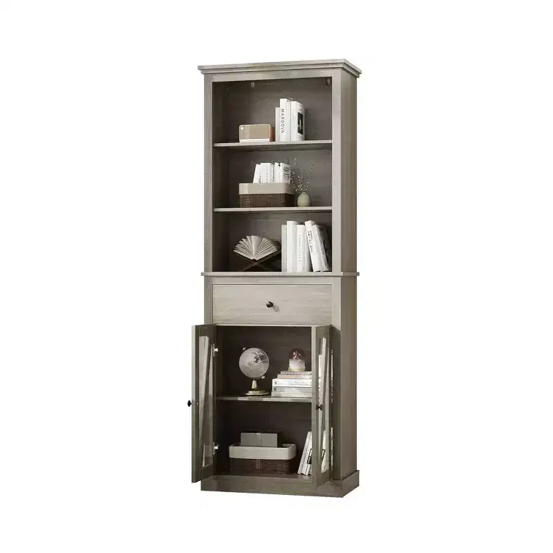 66.5 Farmhouse Pantry Cabinet with Glass Doors - Tall 5-Shelf Storage Organizer with Drawer for Kitchen, Entryway & Living Room (Grey)