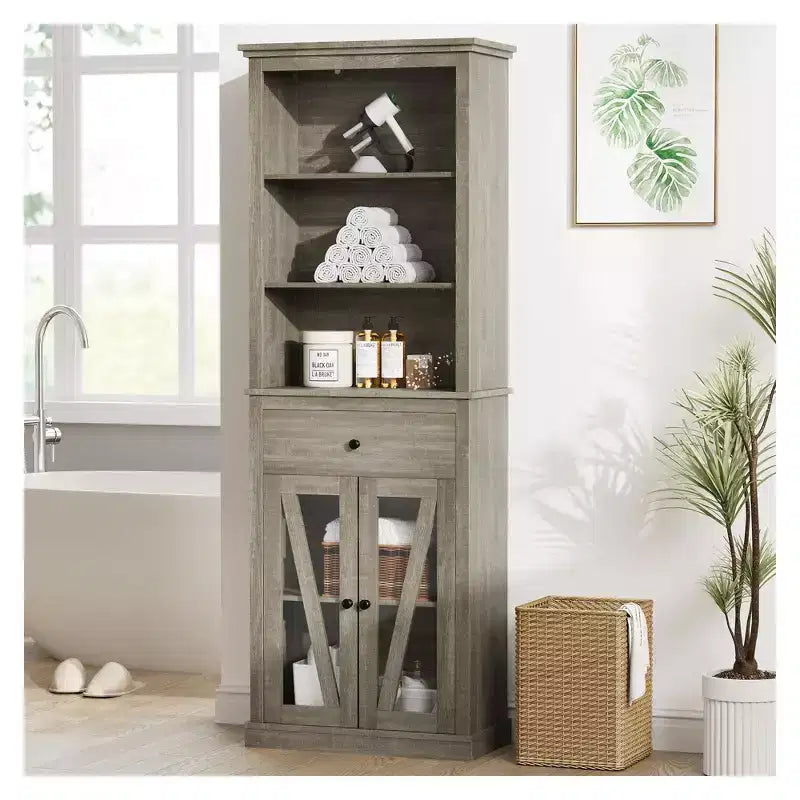Armoire de rangement haute grise avec portes vitrées, 2 portes
