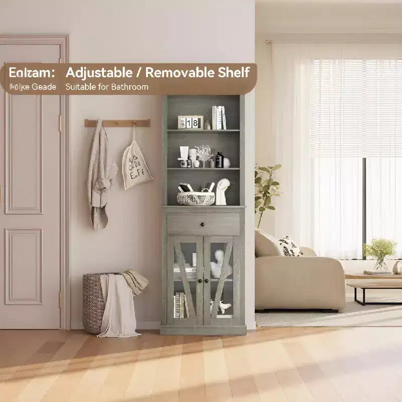 Armoire de rangement haute grise avec portes vitrées, 2 portes