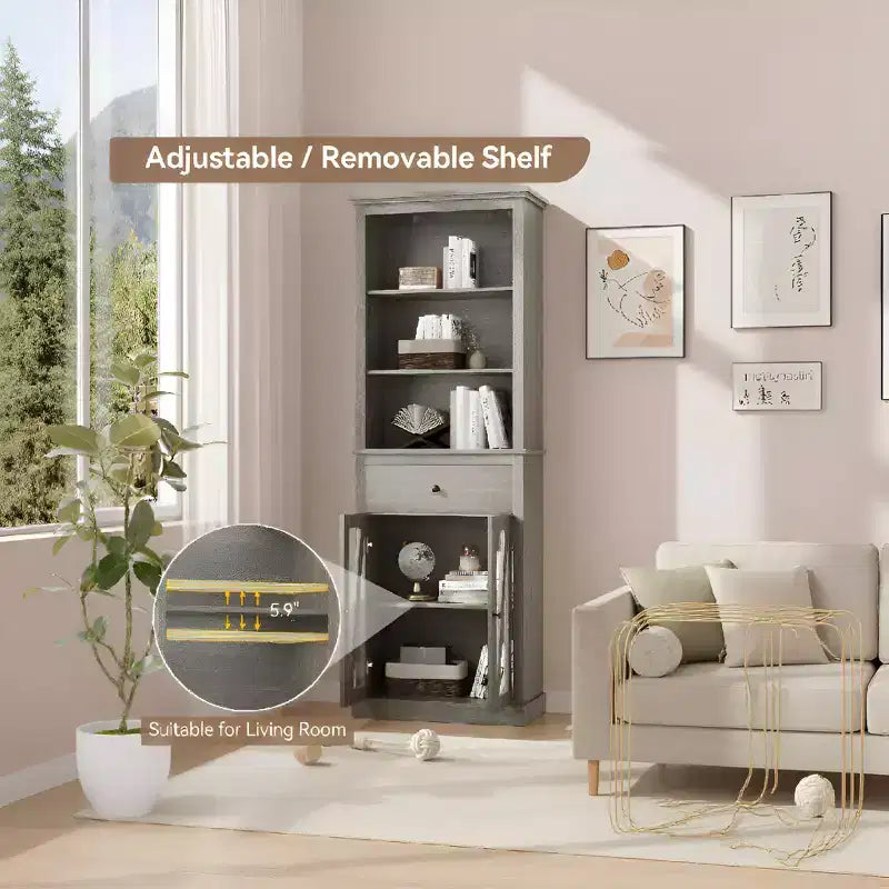 Armoire de rangement haute grise avec portes vitrées, 2 portes
