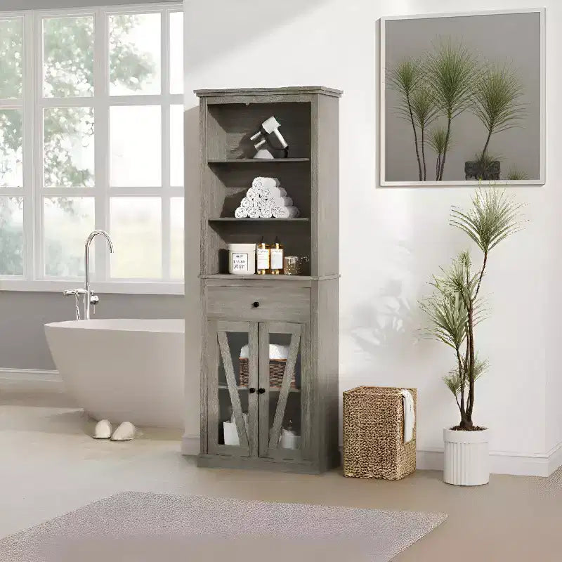 Armoire de rangement haute grise avec portes vitrées, 2 portes