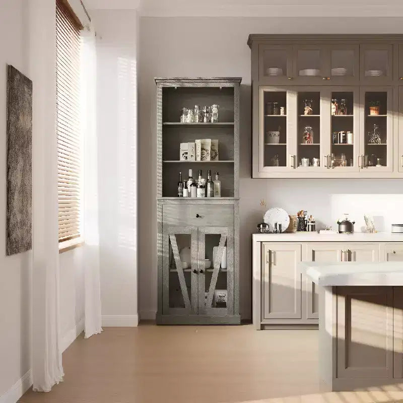 Armoire de rangement haute grise avec portes vitrées, 2 portes