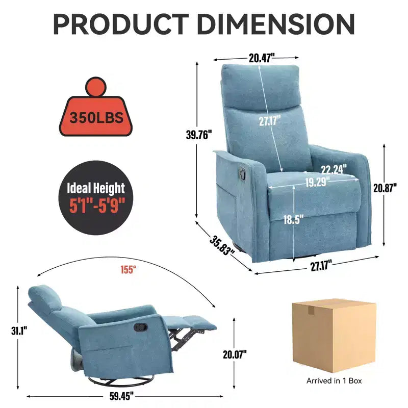 Fauteuil inclinable, pivotant et berçant en tissu avec chauffage et massage, monoplace – Beige / Bleu / Marron / Gris foncé / Vert / Kaki / Orange
