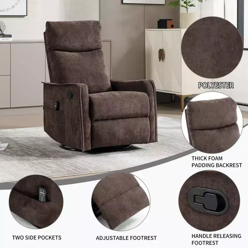 Fauteuil inclinable, pivotant et berçant en tissu avec chauffage et massage, monoplace – Beige / Bleu / Marron / Gris foncé / Vert / Kaki / Orange