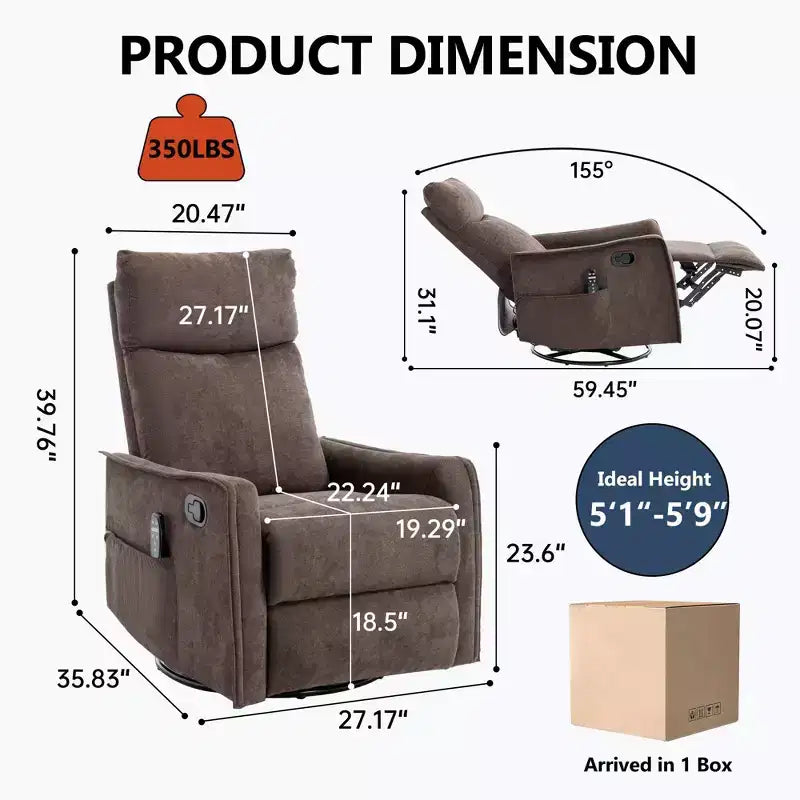 Fauteuil inclinable, pivotant et berçant en tissu avec chauffage et massage, monoplace – Beige / Bleu / Marron / Gris foncé / Vert / Kaki / Orange