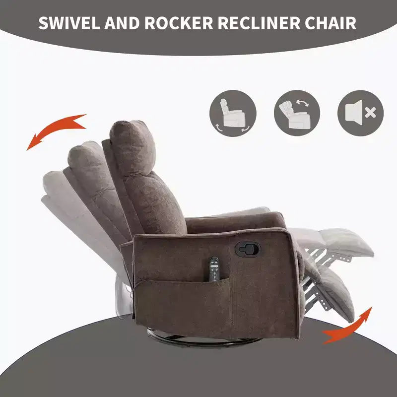 Fauteuil inclinable, pivotant et berçant en tissu avec chauffage et massage, monoplace – Beige / Bleu / Marron / Gris foncé / Vert / Kaki / Orange