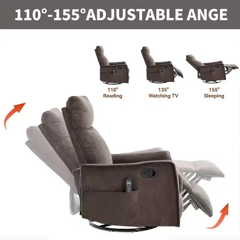 Fauteuil inclinable, pivotant et berçant en tissu avec chauffage et massage, monoplace – Beige / Bleu / Marron / Gris foncé / Vert / Kaki / Orange