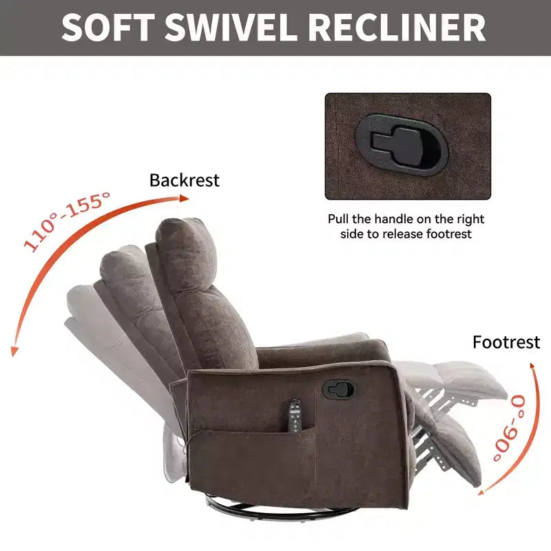 Fauteuil inclinable, pivotant et berçant en tissu avec chauffage et massage, monoplace – Beige / Bleu / Marron / Gris foncé / Vert / Kaki / Orange