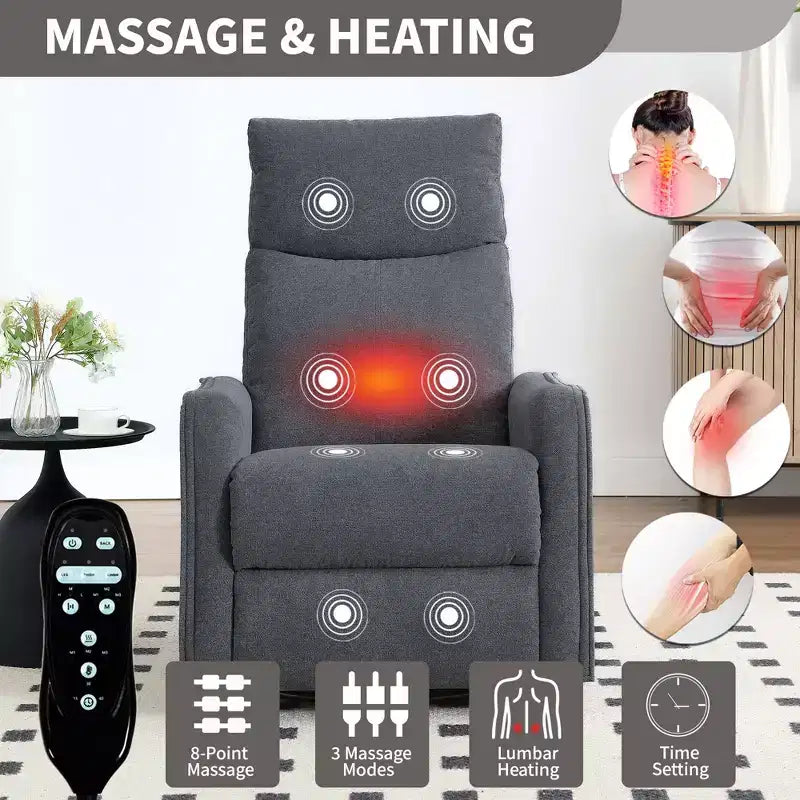 Fauteuil inclinable, pivotant et berçant en tissu avec chauffage et massage, monoplace – Beige / Bleu / Marron / Gris foncé / Vert / Kaki / Orange