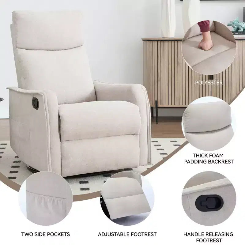 Fauteuil inclinable, pivotant et berçant en tissu avec chauffage et massage, monoplace – Beige / Bleu / Marron / Gris foncé / Vert / Kaki / Orange