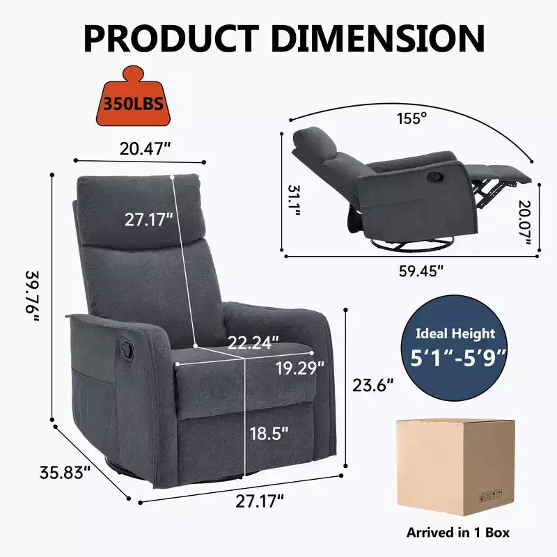 Fauteuil inclinable, pivotant et berçant en tissu avec chauffage et massage, monoplace – Beige / Bleu / Marron / Gris foncé / Vert / Kaki / Orange