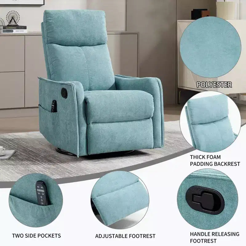 Fauteuil inclinable, pivotant et berçant en tissu avec chauffage et massage, monoplace – Beige / Bleu / Marron / Gris foncé / Vert / Kaki / Orange