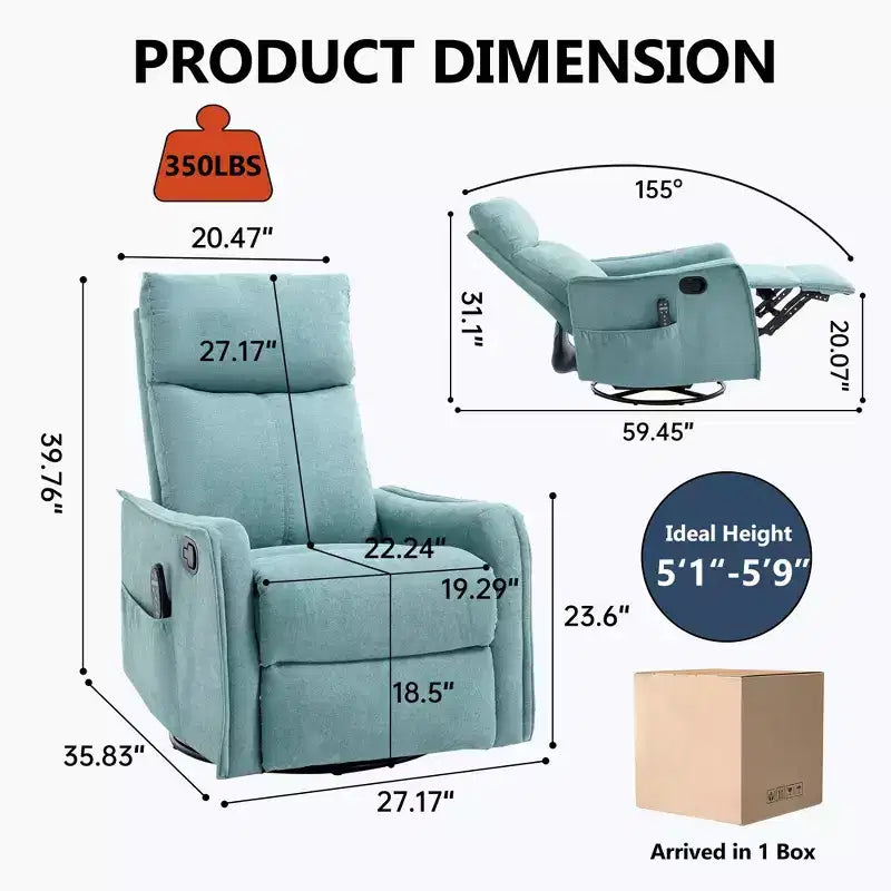 Fauteuil inclinable, pivotant et berçant en tissu avec chauffage et massage, monoplace – Beige / Bleu / Marron / Gris foncé / Vert / Kaki / Orange