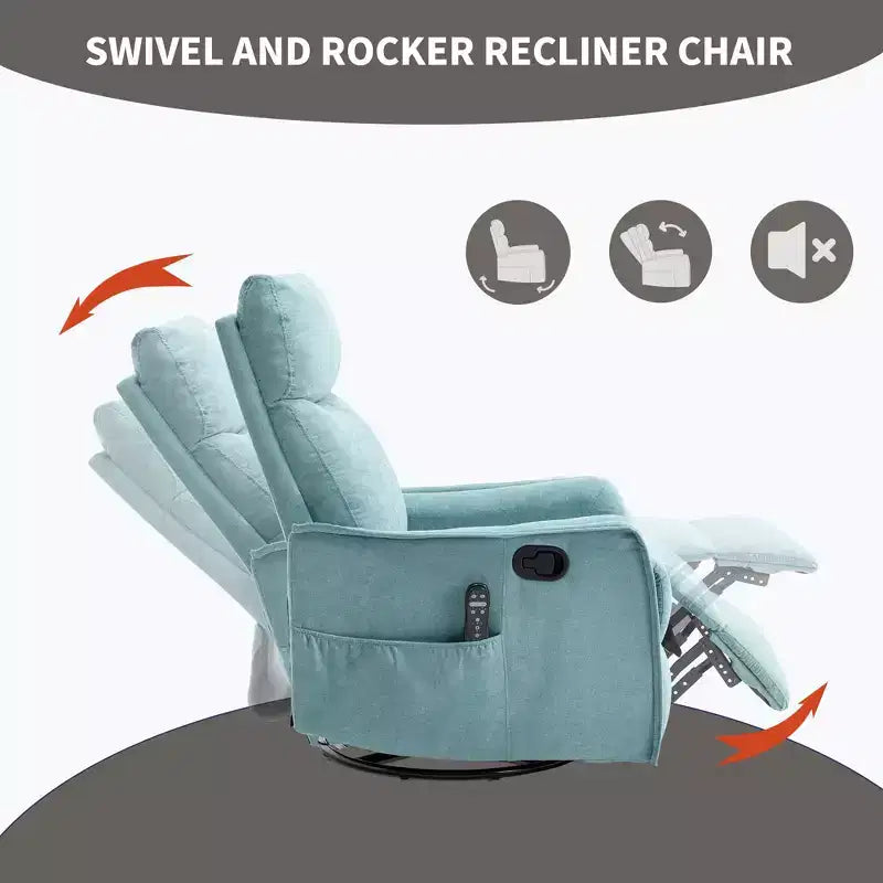 Fauteuil inclinable, pivotant et berçant en tissu avec chauffage et massage, monoplace – Beige / Bleu / Marron / Gris foncé / Vert / Kaki / Orange